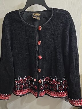 Allure Vintage Black Cardigan with Red and White Embroidered Tribal Hem Size 2X